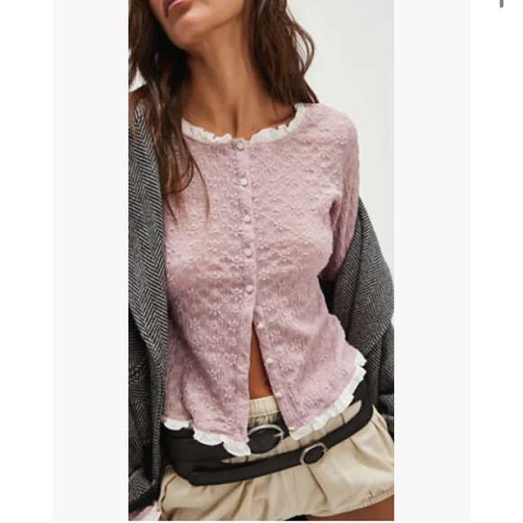 Free People Sweaters - Free People Pink Textured Ruffle Cardigan‎ Button Down Long Sleeve Top Women
